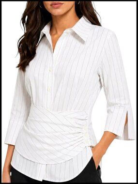 Finley Kenny Button Down Shirt White Black Pinstripe Wrap Waist XL